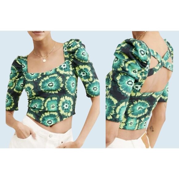FREE PEOPLE Give Me More Criss Cross Back Green Printed Crop Top Sz L NWT - Picture 1 of 7